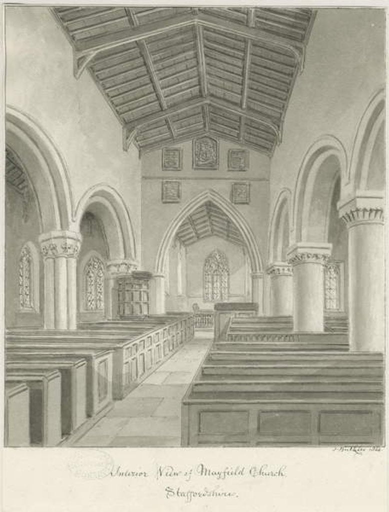 Detail of Interior of Mayfield Church: sepia wash drawing, 1844 by John Buckler