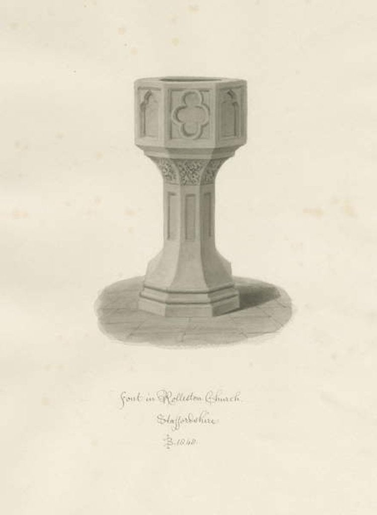 Detail of Font in Rolleston Church: sepia drawing, 1848 by John Buckler