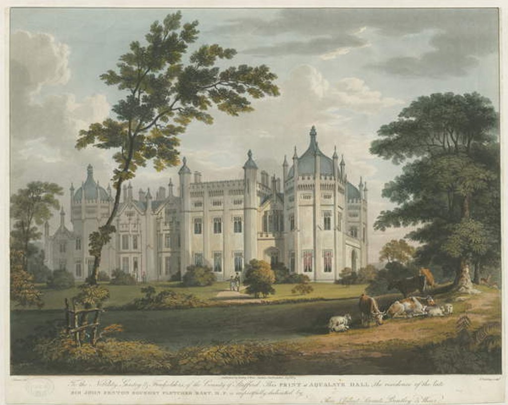 Detail of Forton - Aqualate Hall: tinted aquatint engraving by School English