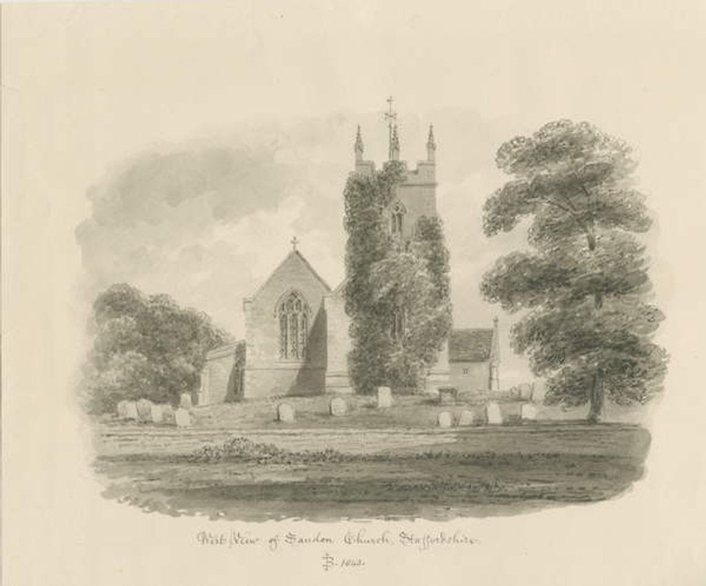 Detail of Sandon Church: sepia drawing, 1843 by John Buckler