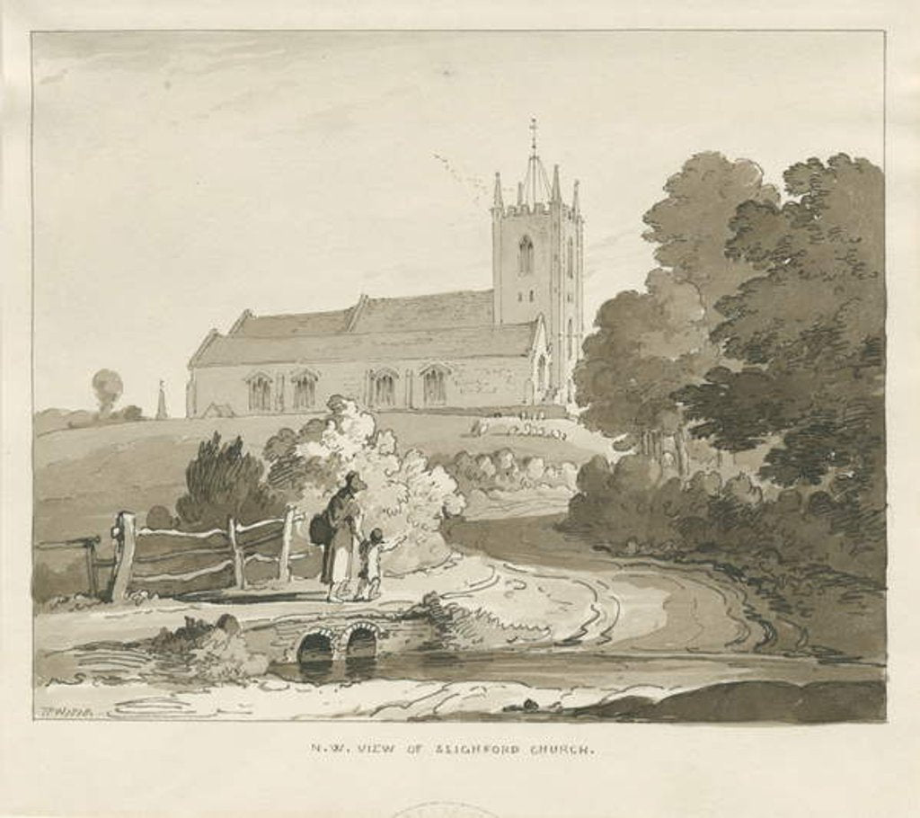 Detail of Seighford Church: sepia wash drawing, 1838 by Thomas Peploe Wood