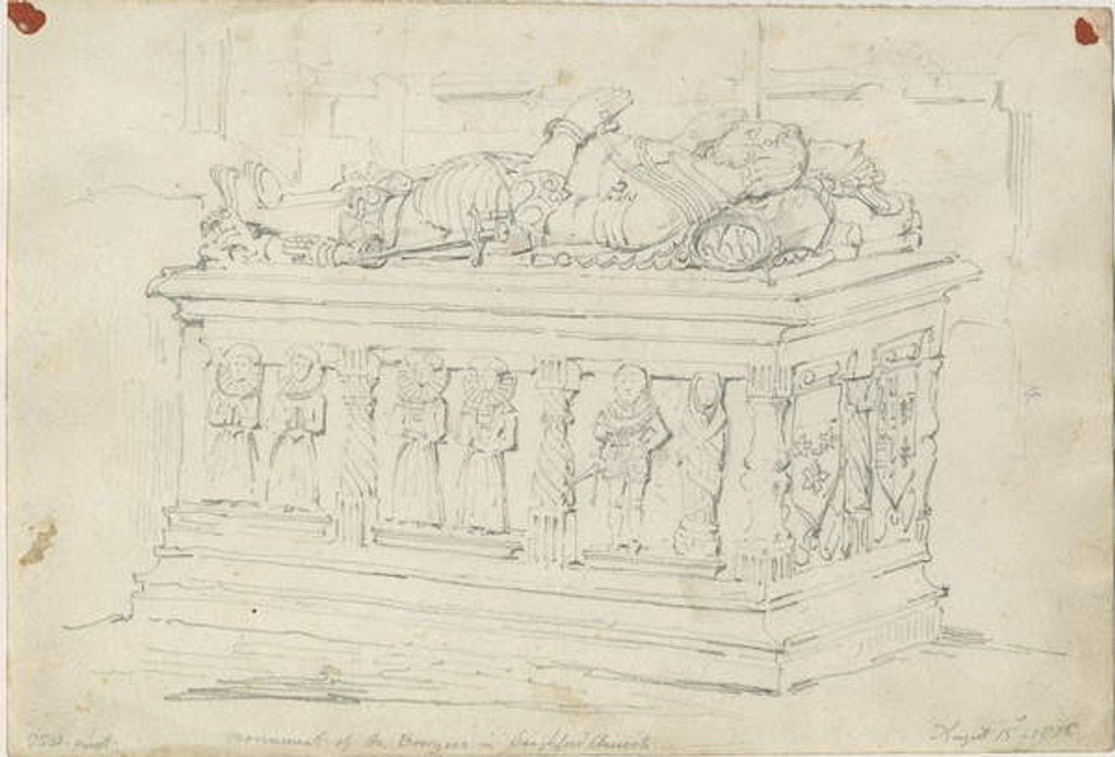 Detail of Seighford Church - Tomb of William and Mercy Bowyer: pencil drawing, 15 Aug 1838 by Thomas Peploe Wood
