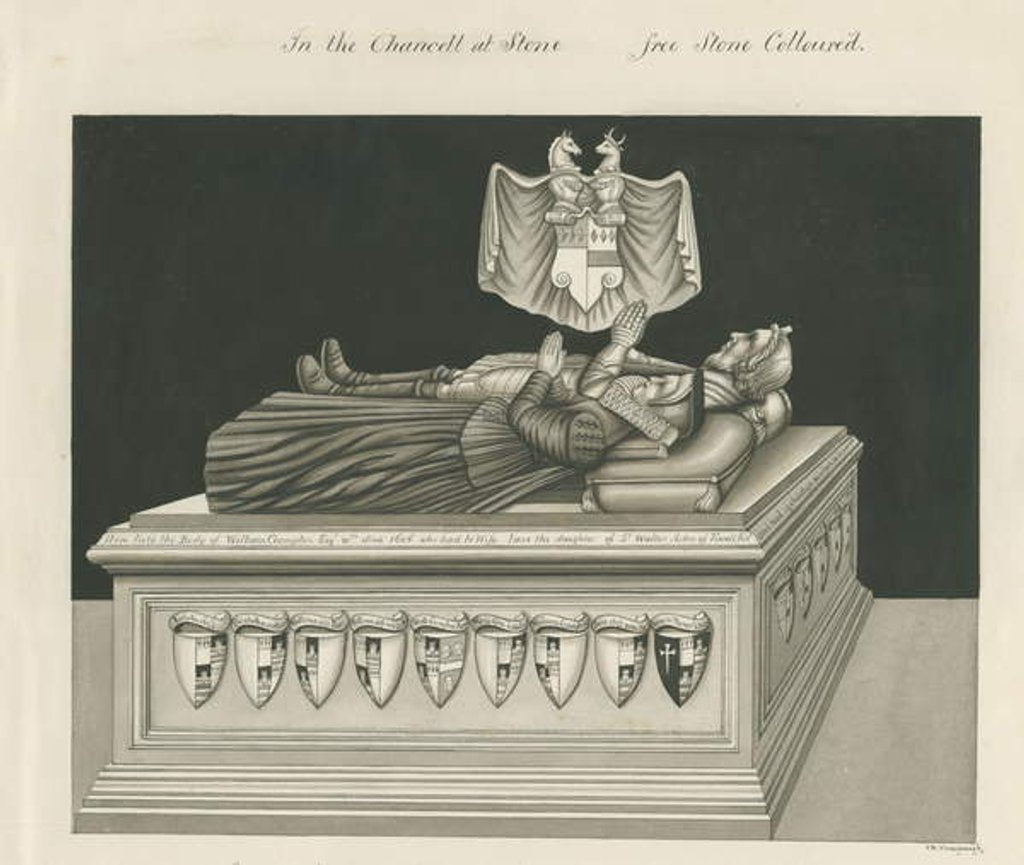 Detail of Stone - Tomb of William Crompton: sepia drawing, nd [19th cent] by John Robert Fernyhough