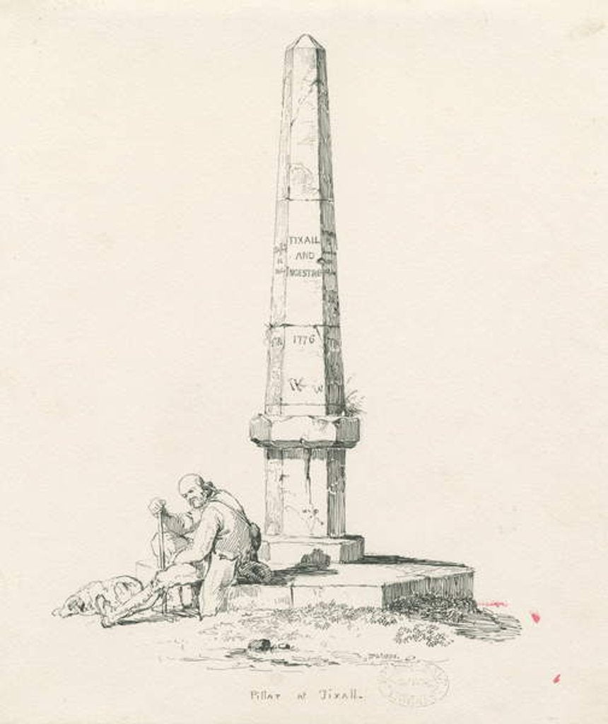 Detail of Tixall - Pillar showing mile distances: pen and ink drawing, 1836 by Thomas Peploe Wood