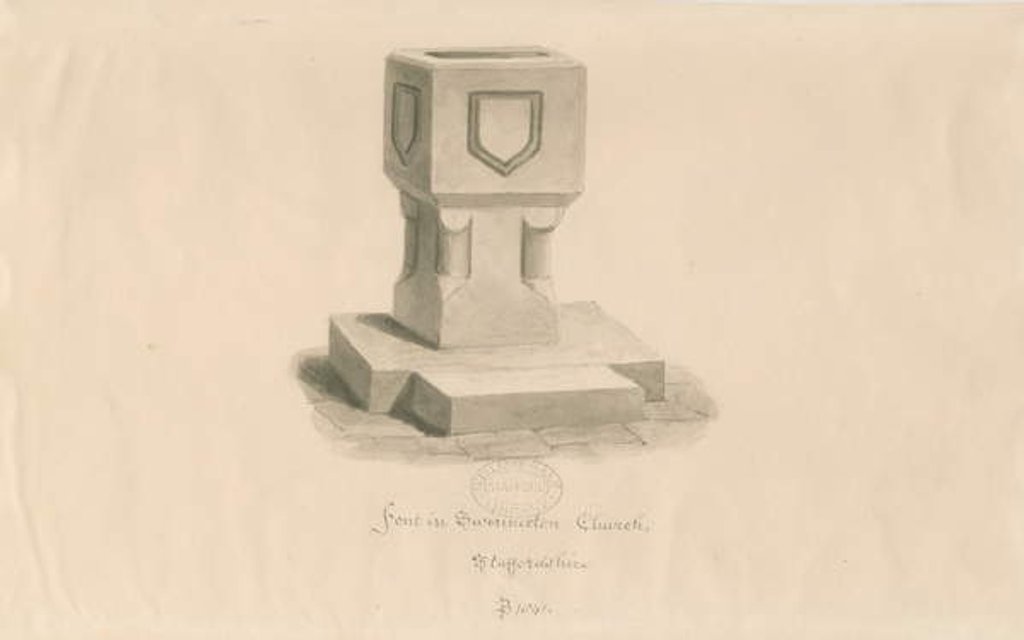 Detail of Font in Swynnerton Church by John Buckler