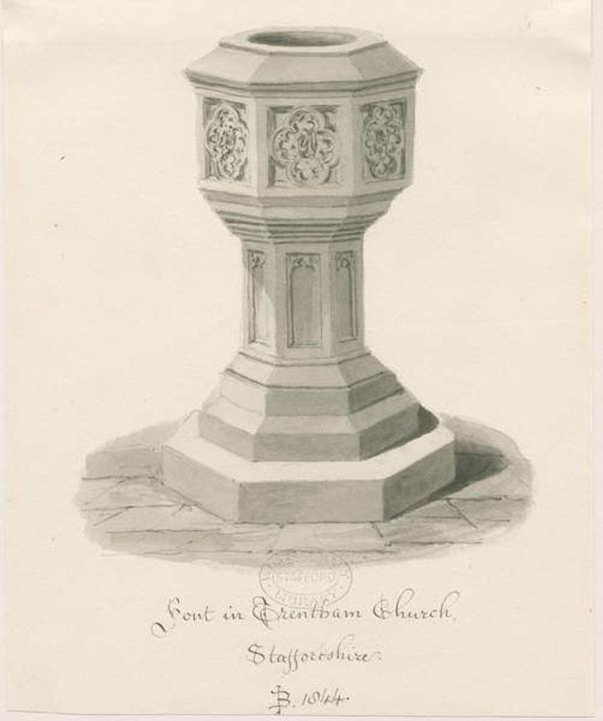 Detail of Font in Trentham Church by John Buckler
