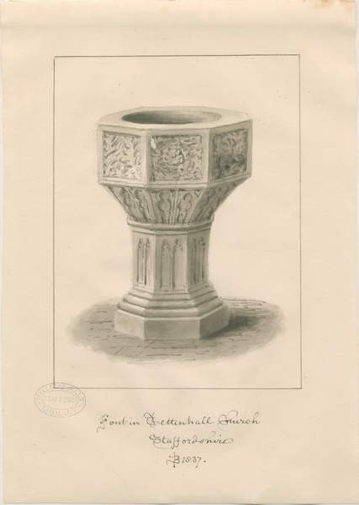 Detail of Font in Tettenhall Church by John Buckler