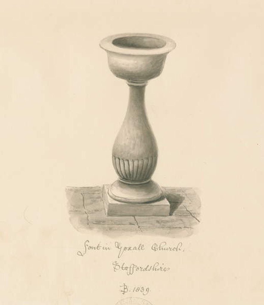 Detail of Font in Yoxall Church: sepia drawing, 1839 by John Buckler