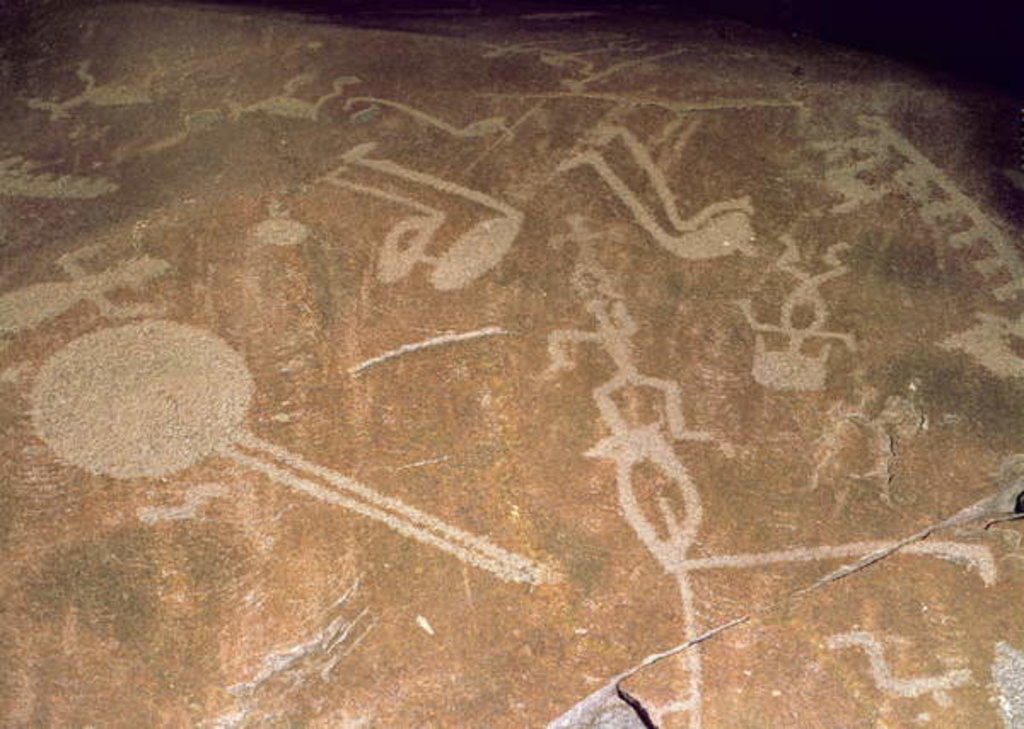 Detail of Carved petroglyph depicting figures, deer, elk, birds, boats and circles, 3rd millennium BC by Karelian Karelian