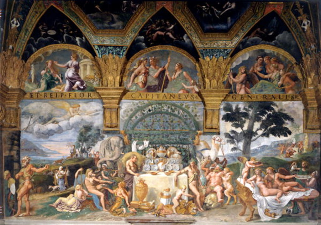Detail of The noble banquet celebrating the marriage of Cupid and Psyche from the Sala di Amore e Psiche, 1527-31 by Giulio Romano