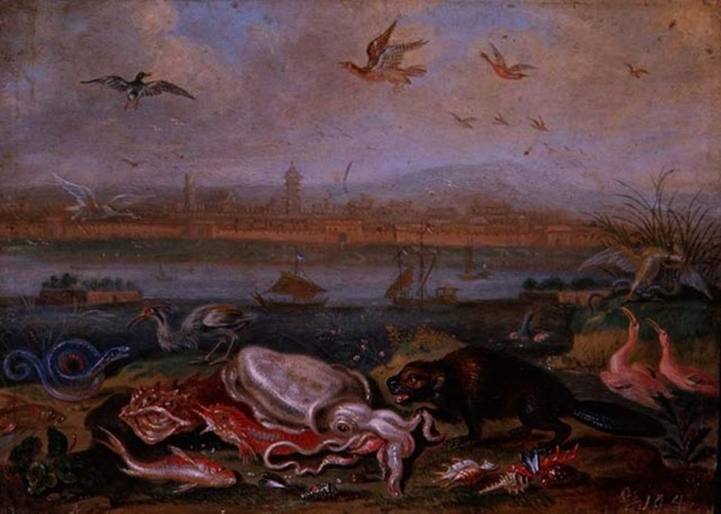 Detail of Creatures from the four continents in a landscape with a view of Canton in the background by Ferdinand van Kessel