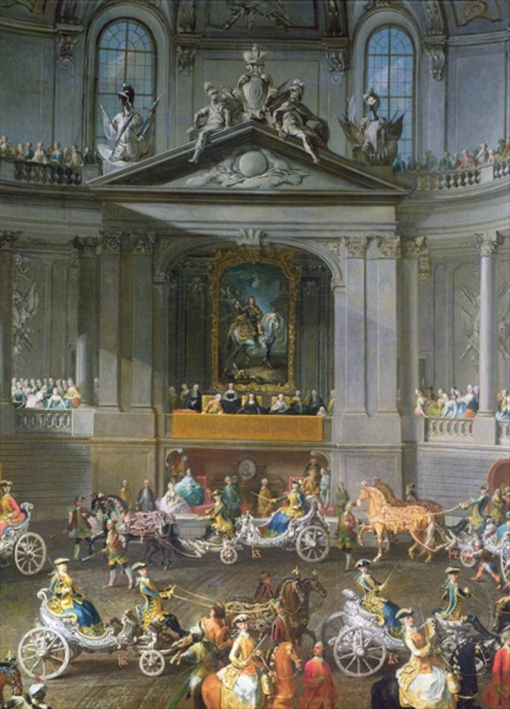 Detail of A Cavalcade in the Winter Riding School of the Vienna Hof to celebrate the defeat of the French Army at Prague showing the equestrian portrait of Emperor Charles VI, 1743 by Martin van (school of) Mytens or Meytens