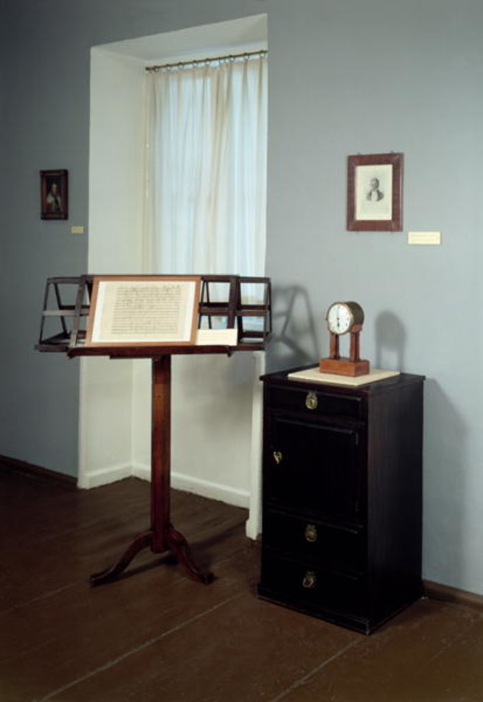 Detail of Beethoven Room displaying a music stand and mantel clock once belonging to Ludwig van Beethoven by Anonymous