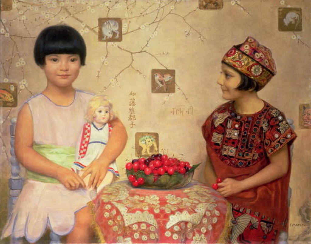 Detail of Two children with a bowl of cherries by Franz von Matsch