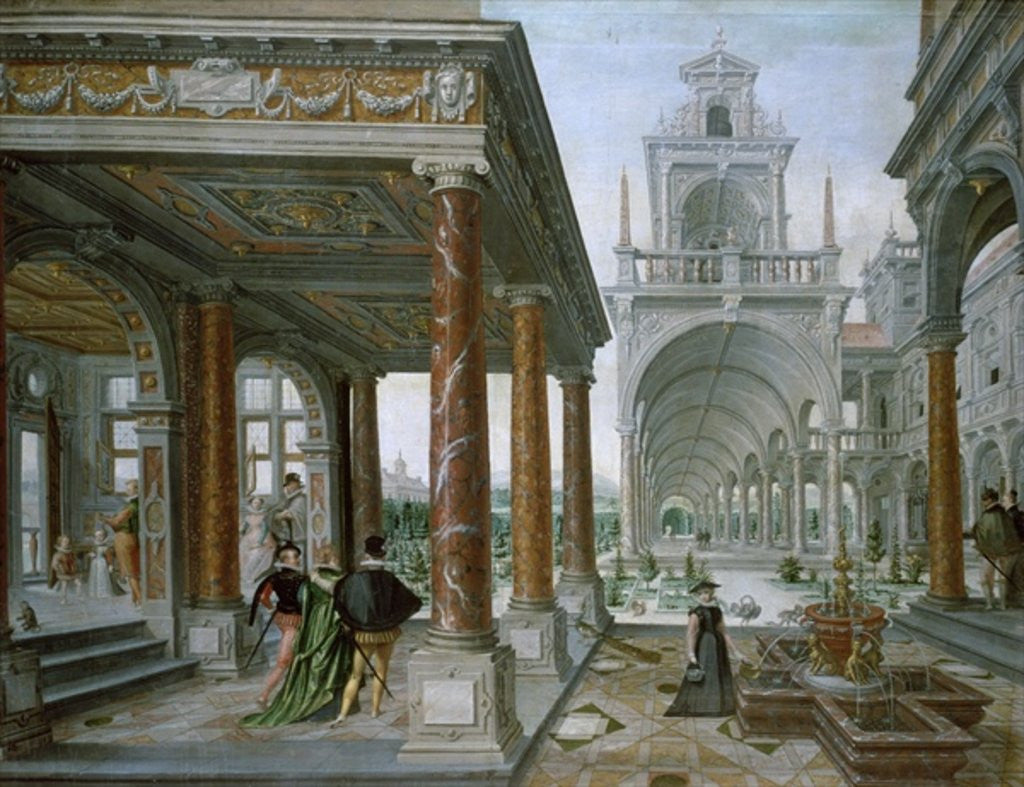 Detail of Cappricio of palace architecture with Figures Promenading by Hans or Jan Vredeman de Vries