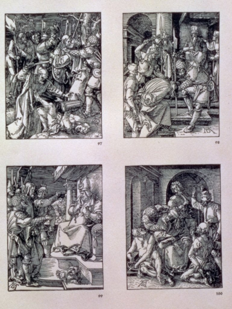 Detail of The 'Small Passion' series: The Betrayal of Christ; Christ before Annas; Christ before Caiaphas; the Mocking of Christ by Albrecht Dürer or Duerer