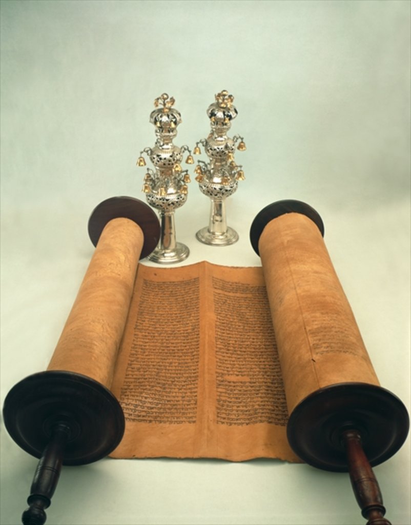 Detail of Torah scroll with Silver Crown finials by Anonymous