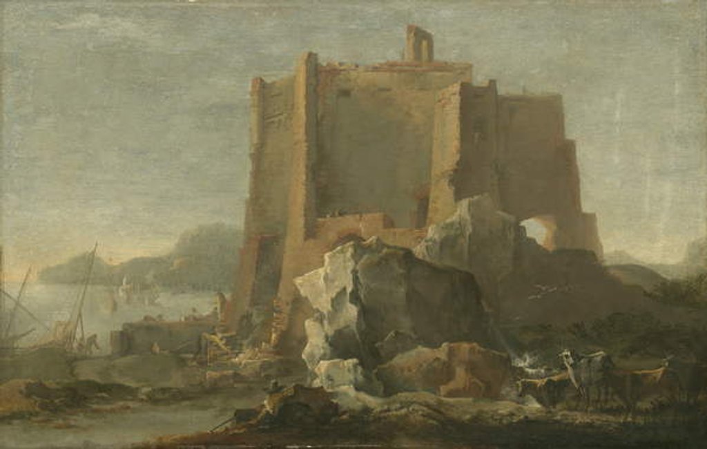 Detail of Landscape with rock and fortress, c.1640-50 by Domenico Gargiulo
