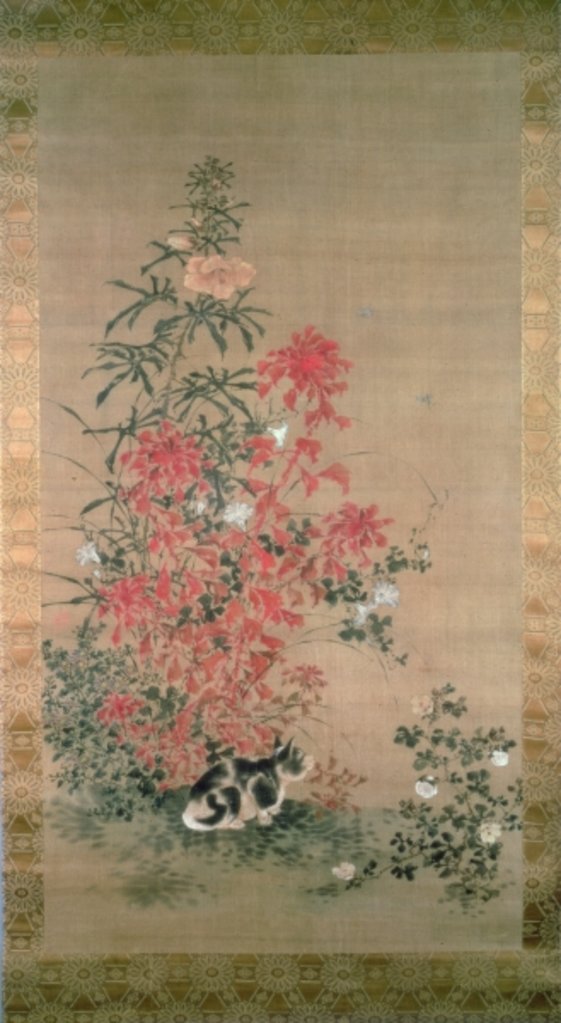 Detail of Cat amongst flowers by Japanese School