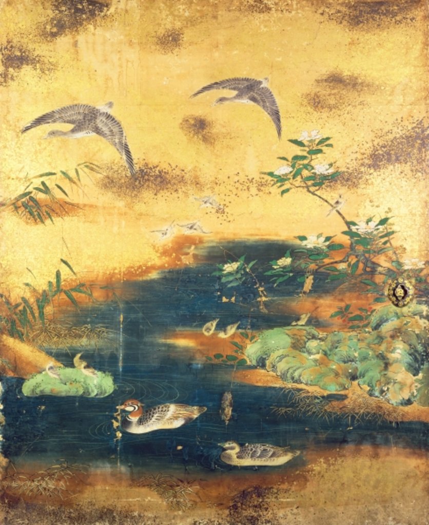 Detail of Birds and flowers sliding-door panel by Japanese School