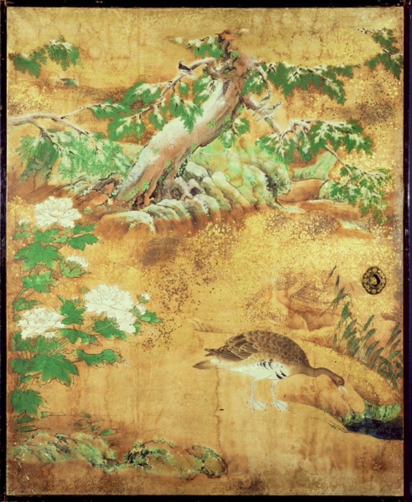 Detail of Birds and flowers sliding-door panel by Japanese School