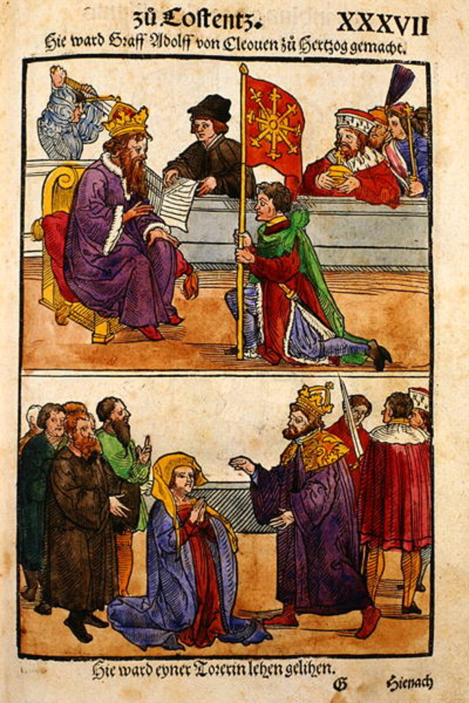 Detail of Sigismund raises Count Adolph of Cleves to the rank of Duke at the Council of Constance by Ulrich von Richental