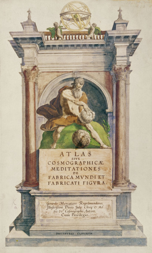 Detail of Title page from Mercator's 'Atlas sive Cosmographicae meditationes de fabrica mundi et fabricati figura', 1595 by English School