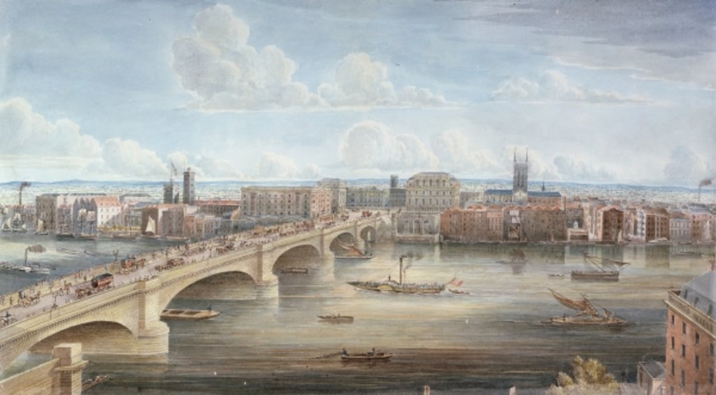 Detail of Another View of New London Bridge, showing the West Front, looking towards Southwark, and giving a distant View of Surrey, 1838 by Gideon Yates