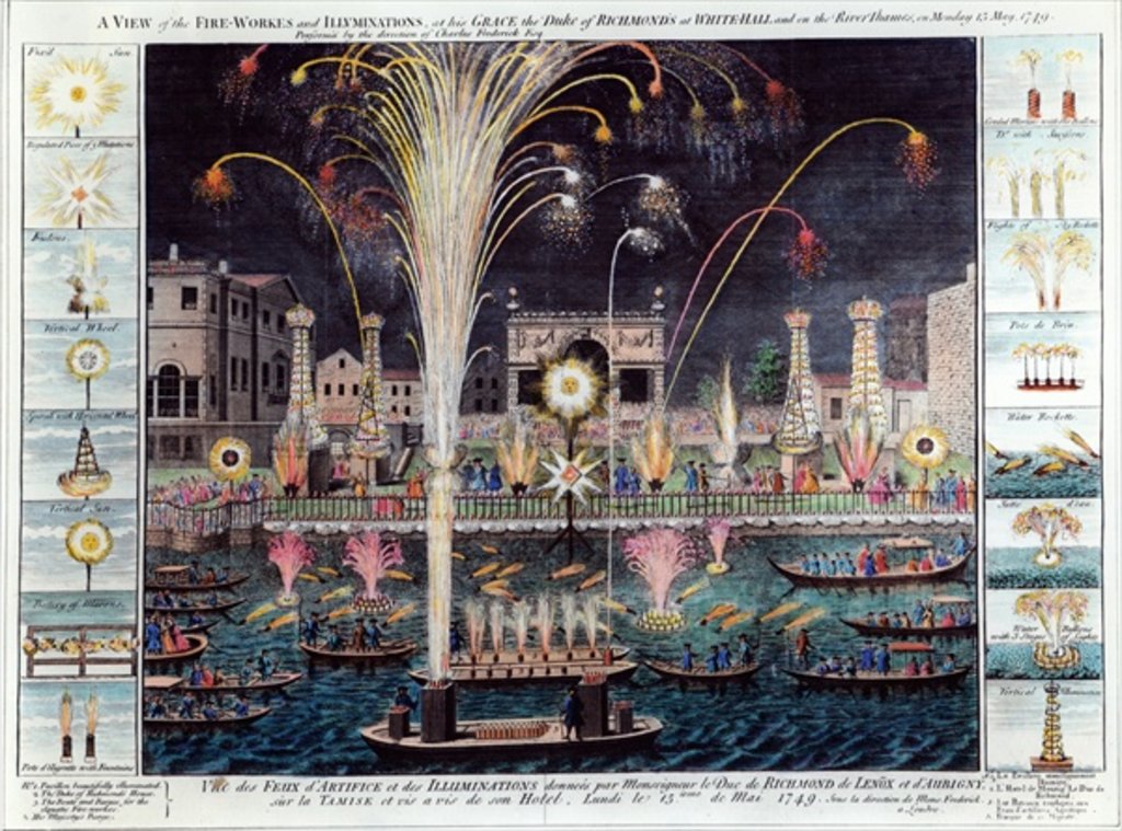 Detail of A view of the Fire-workes and Illuminations at his Grace the Duke of Richmond's at White-hall and on the River Thames, on Monday 15 May, 1749 by English School