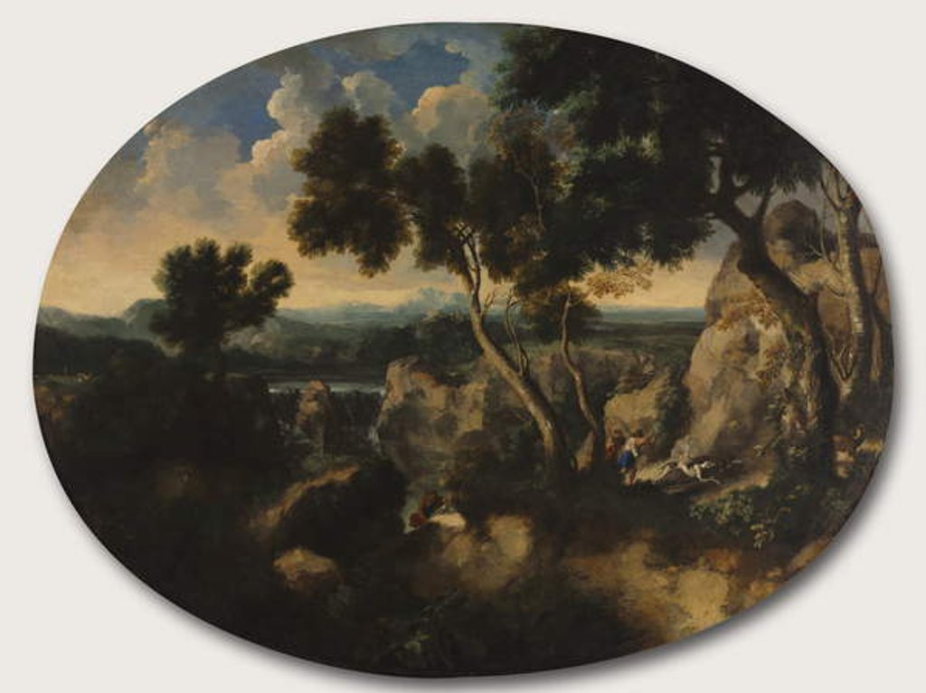 Detail of Rocky Landscape with Hunters, c.1635 by Gaspard Poussin Dughet