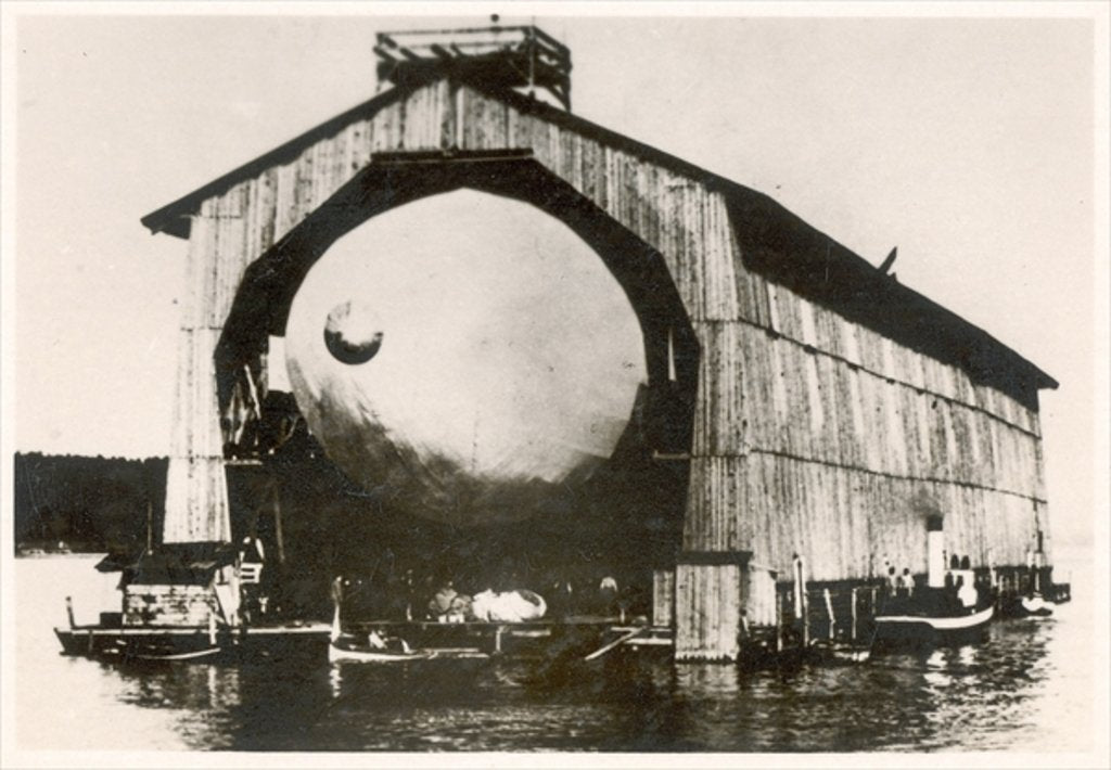 Detail of The prototype airship Zeppelin LZ1 in floating hangar in the Bay of Manzell, Lake Constance, Friedrichshafen, 1900 by Photographer German