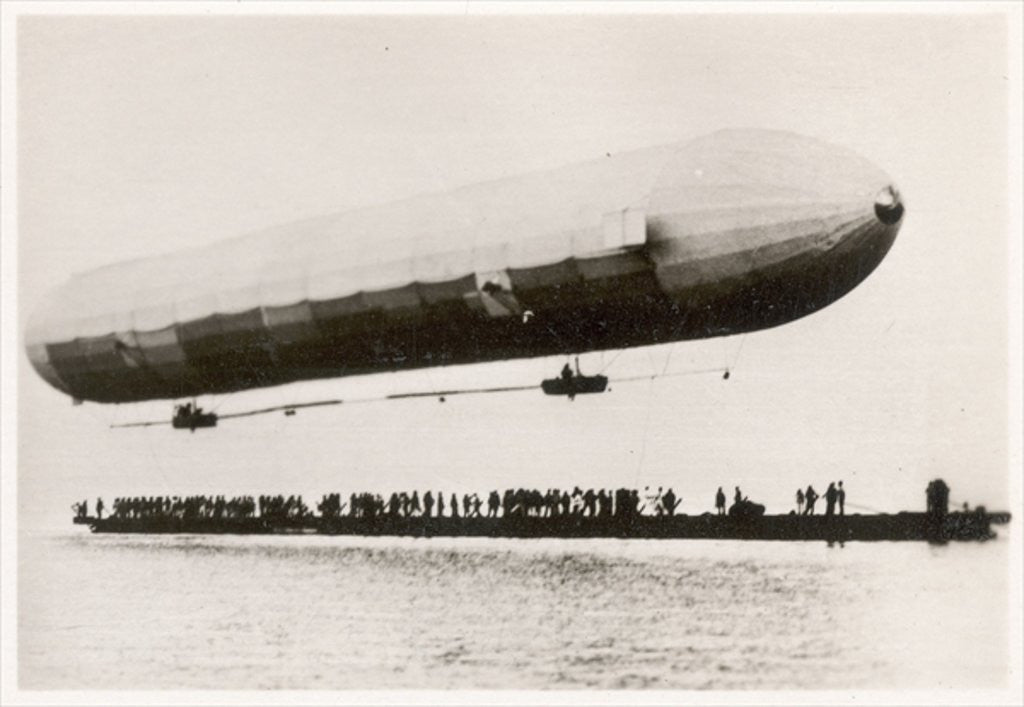 Detail of The first flight of the prototype airship Zeppelin LZ1, shown above a boat on Lake Constance, Friedrichshafen, 2nd July 1900 by German Photographer