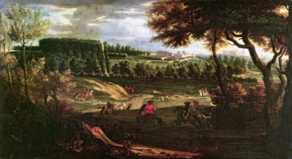 Detail of Louis XIV Hunting at Marly with a a View of Chateau Vieux de Saint Germain by Pierre-Denis Martin
