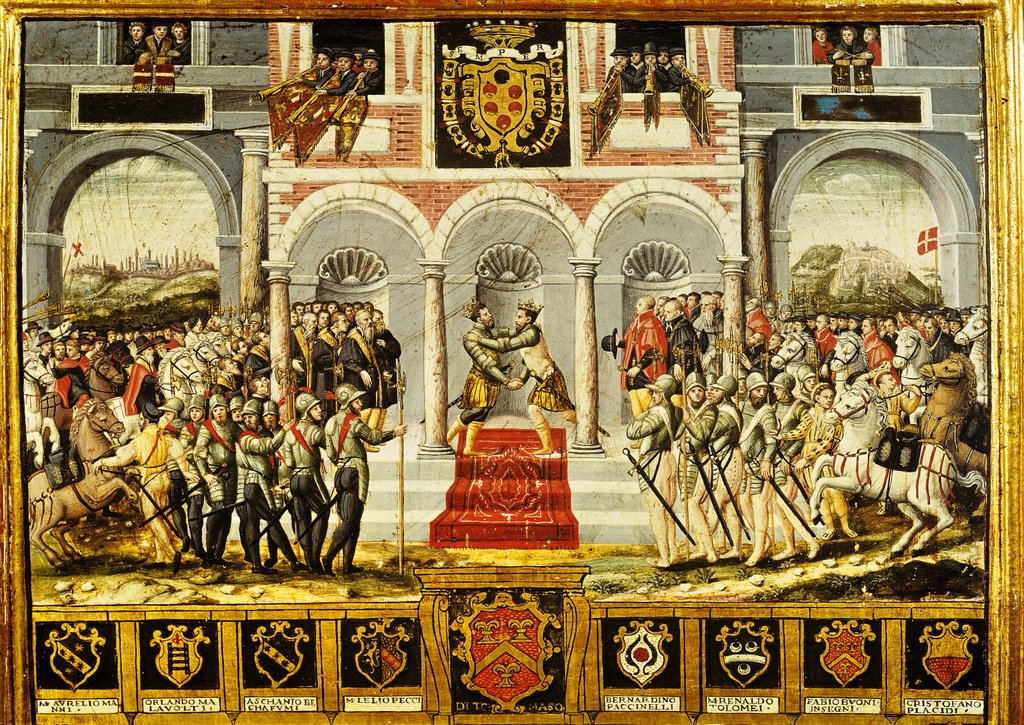The Treaty of Cateau-Cambresis and the Embrace of Henri II of France and Philip II of Spain, 2nd-3rd April 1559 by French School