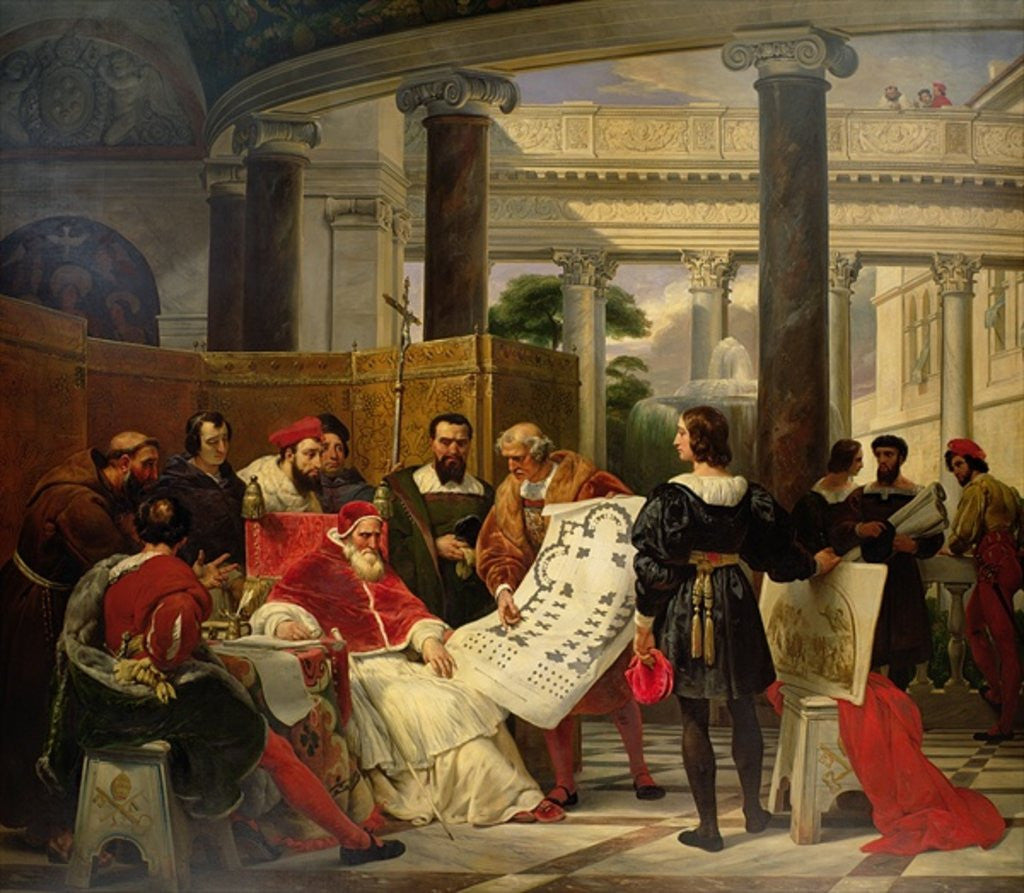 Pope Julius II ordering Bramante, Michelangelo and Raphael to construct the Vatican and St. Peter's by Emile Jean Horace Vernet