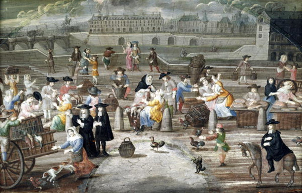 Detail of Bread and Poultry Market on Quai des Grands Augustins, painted for a fan by French School