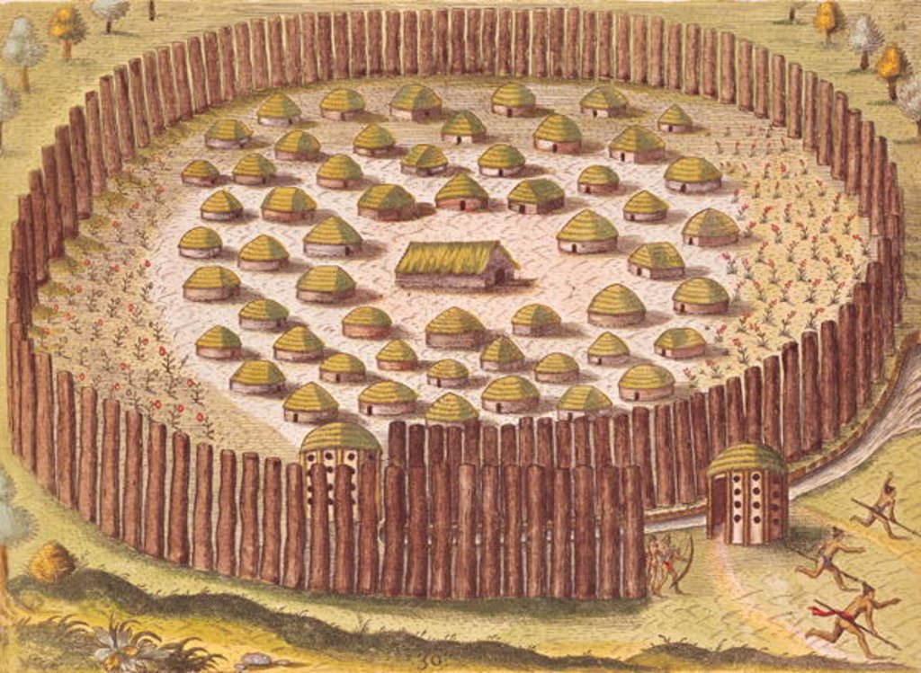 Detail of Fortified Indian Village by Th. after Le Moyne J.(de Morgues) (1533-88) Bry