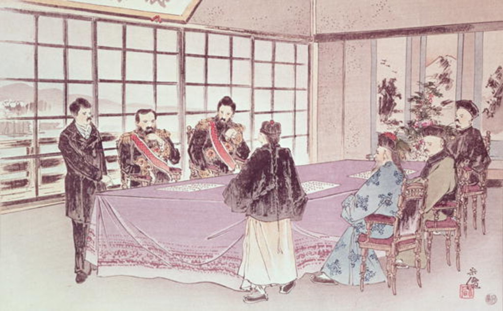 Detail of The Japanese ministers I-Tso and Mou-Tsou discuss with the Chinese envoy Ri-Ko-Sho the conditions of the Shimonoseki truce, 16th April 1895 by School Chinese