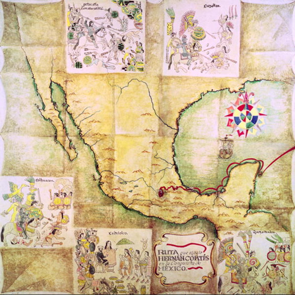 Detail of Map of the route followed by Hernando Cortes during the conquest of Mexico by Mexican School