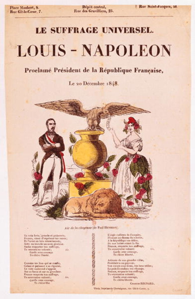 Illustrated lyric sheet for 'Le Suffrage Universel, Louis-Napoleon proclame president de la Republique francaise', 1848 by French School