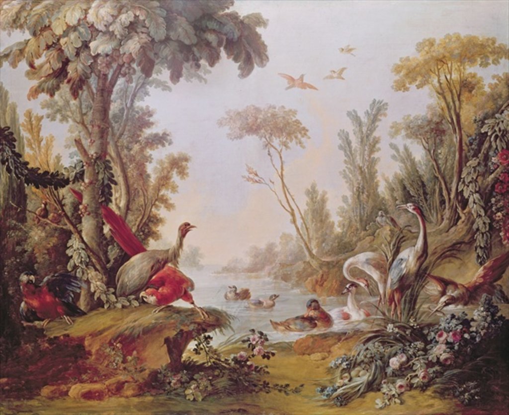 Detail of Lake with geese, storks, parrots and herons by Francois Boucher