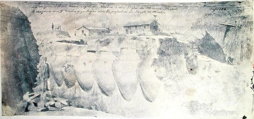 Detail of Sketch of a shop with nine giant amphorae in the lower levels of the Temple of Minerva by Heinrich Schliemann