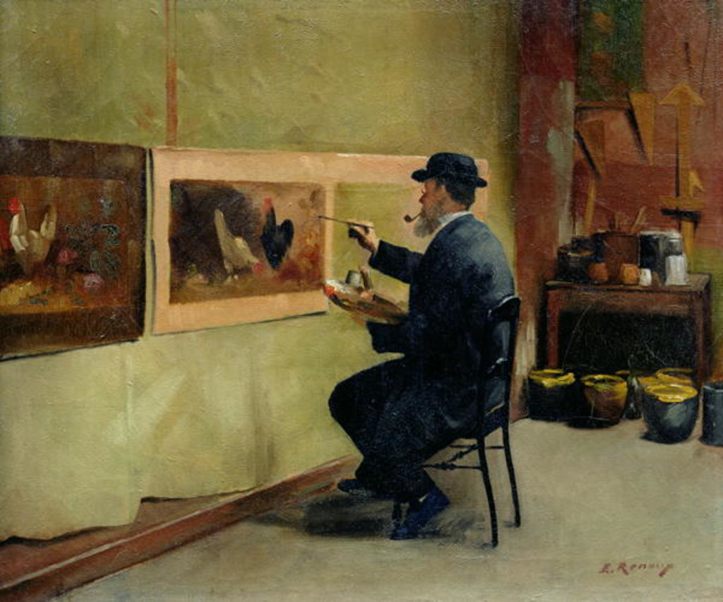 Detail of Charles Philippe Gevens, father-in-law of the artist, painting in his studio 21, avenue d'Eylau by Jules Ernest Renoux