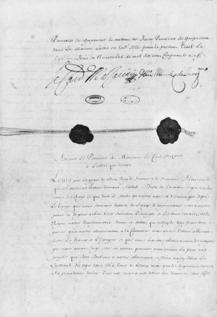 The Treaty of the Pyrenees, signed by Cardinal Jules Mazarin and Don Luis Mendez de Haro 7th November 1659 by French School