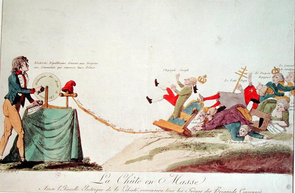Detail of Revolutionary cartoon depicting 'The Electrical Spark of Liberty that will Topple the Thrones of all Corrupt Monarchs', 1793 by French School