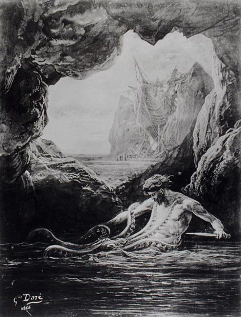 Detail of Gilliatt struggles with the giant octopus by Gustave Dore