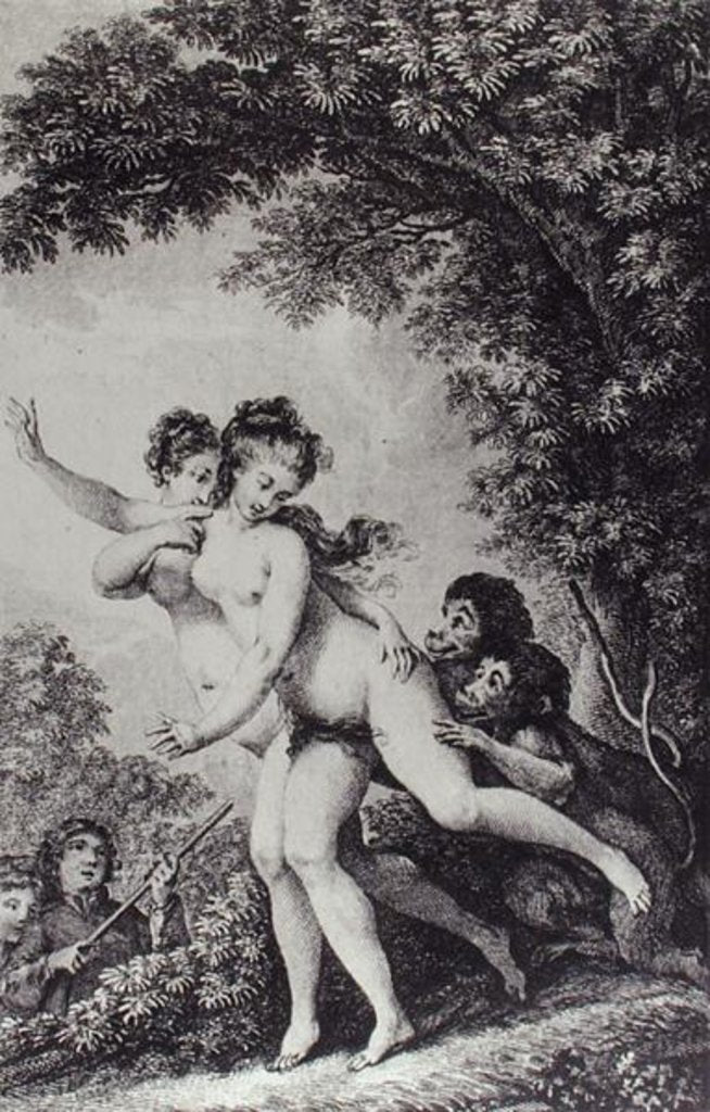Detail of The cries proceeded from two young women who were tripping disrobed among the mead, while two monkeys followed close at their heels biting at their limbs by Charles Monnet