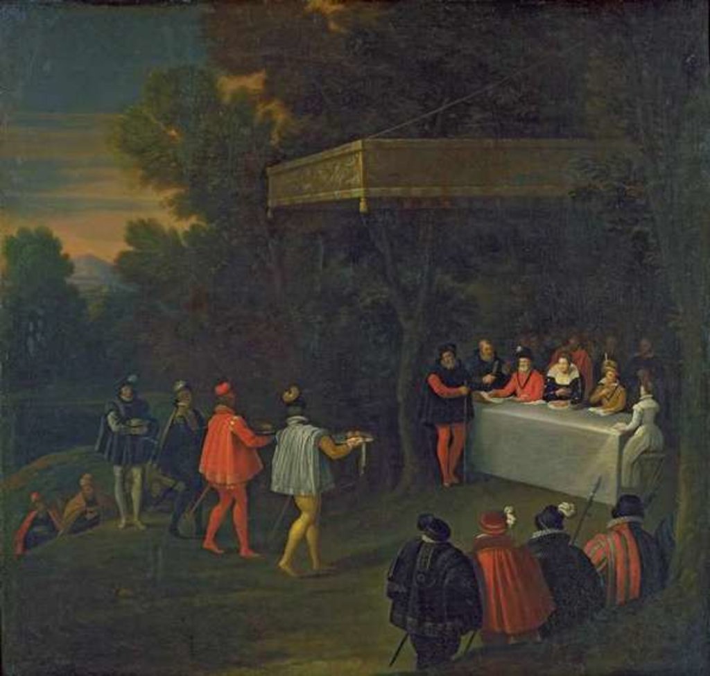 Detail of A Meal served to Henri IV Marie de Medicis Elisabeth de France and the Dauphin Louis in the Forest of Fontainebleau, after 1590 by Nicolas Labbe