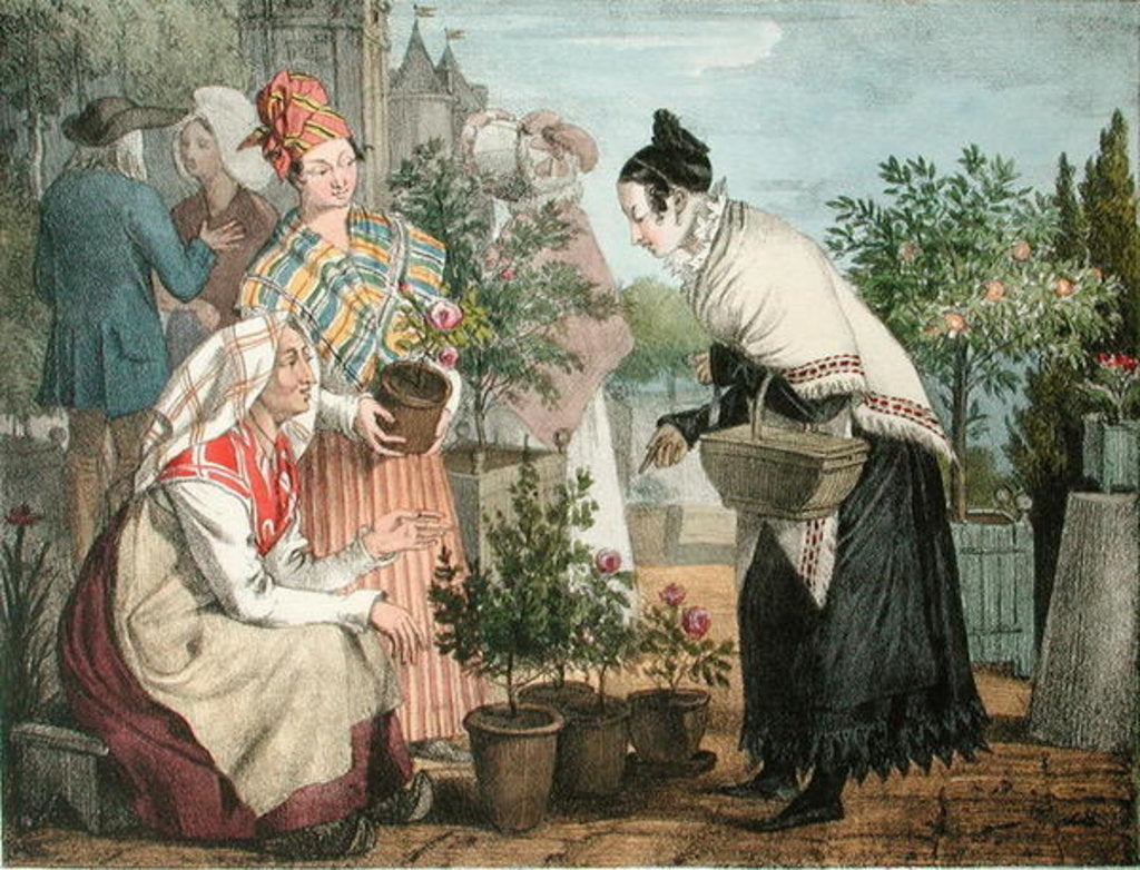 Detail of The Flower Market, Paris by John James (after) Chalon