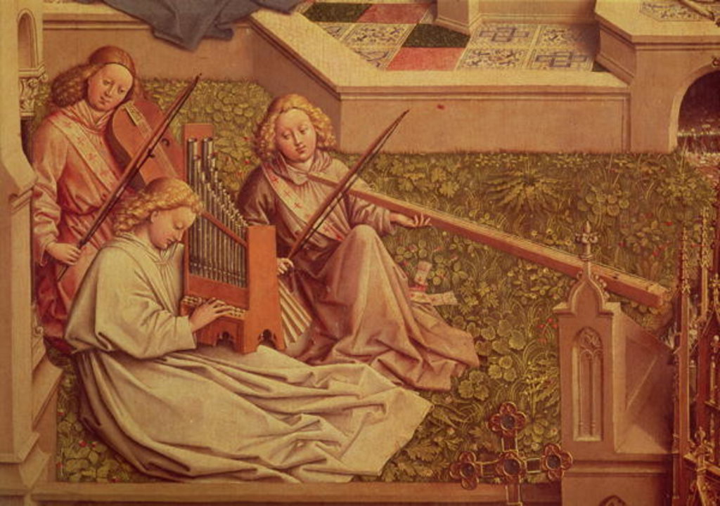 Detail of The Fountain of Grace, detail of three angel musicians by Jan van Eyck